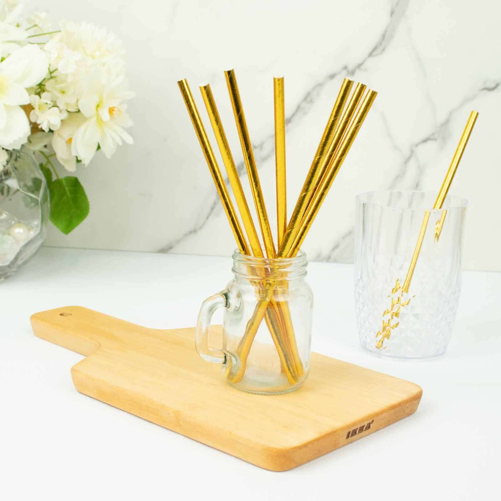 50-Pack Paper Drinking Straws 8" Metallic Gold Foil Food Grade - Biodegradable Disposable Straws