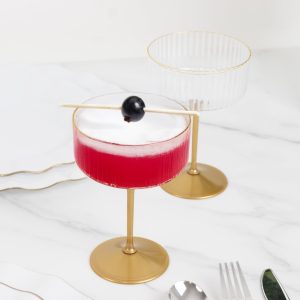 24-Pack Premium Disposable Cocktail Glasses – 10oz Clear Ribbed Plastic Coupe Champagne Cups with Gold Detachable Stem & Base – Party & Event