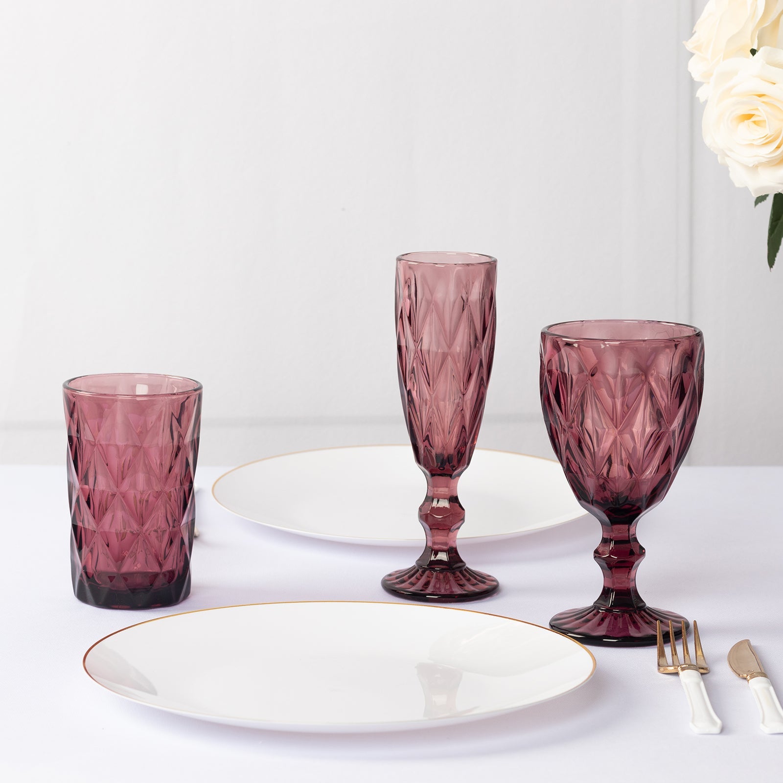 6-Pack Crystal Cut Whiskey Glasses 12oz Textured Design with Heavy Base Dusty Rose 5" - Highball Tumblers for Cocktails & Drinks